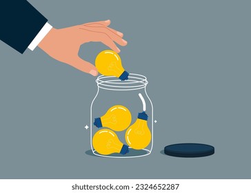 Businessman collect lightbulb idea into Glass Jar. Modern vector illustration in flat style 