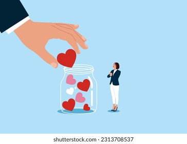 Businessman collect love heart symbol into Glass Jar. 
Saint Valentine's day card. Love you. Flat vector illustration