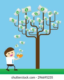 businessman collect money dollar by tree. interest and dividend concept. idea business.