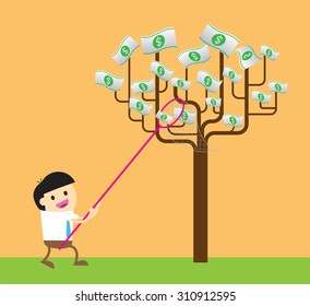 Businessman collect money dollar by tree. interest and dividend concept. idea business.