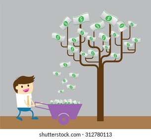 businessman collect money dollar by tree. interest and dividend concept. idea business.