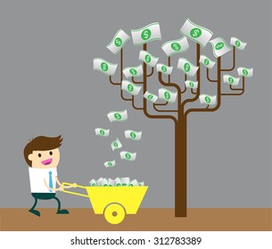 businessman collect money dollar by tree. interest and dividend concept. idea business.