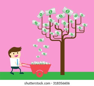 businessman collect money dollar by tree. interest and dividend concept. idea business.