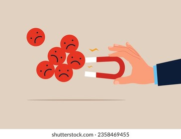 Businessman collect negative emoticons. Vector illustration