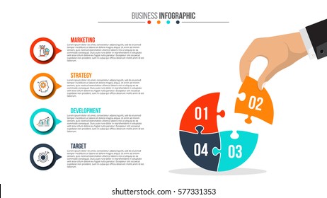 Businessman collect puzzle infographic. Template for diagram, graph, presentation and chart. Business concept with 4 options, parts, steps or processes. Data visualization.