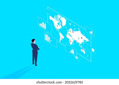 Businessman is collecting ideas for making investment decisions based on the huge amount of information displayed in front of him. Flat and minimal style graphic. Vector, illustration.