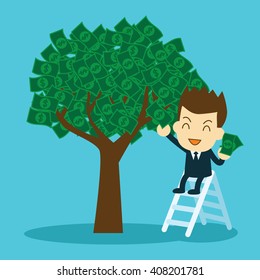 businessman collecting money from money tree. interest and dividend concept.