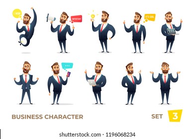 Businessman collection. Bearded charming business men in different situations. Modern character design