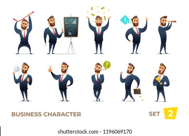 Businessman collection. Bearded charming business men in different situations. Modern character design