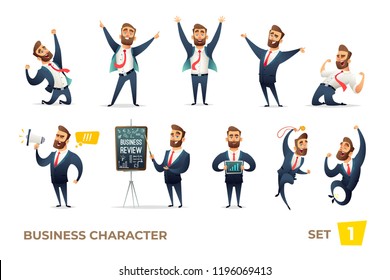 Businessman collection. Bearded charming business men in different situations. Modern character design