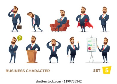 Businessman collection. Bearded charming business men in different situations. Manager character design