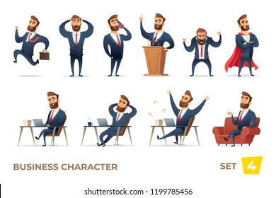 Businessman collection. Bearded charming business men in different situations. Manager character design