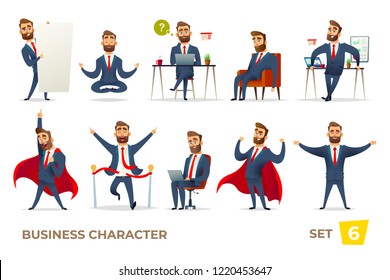 Businessman collection. Bearded charming business men in different situations. Manager character design