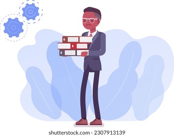 Businessman collection. Bearded charming business men carry files . Manager character design