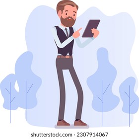Businessman collection. Bearded charming businessmen using phone. Manager character design