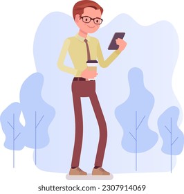 Businessman collection. Bearded charming businessmen using phone. Manager character design