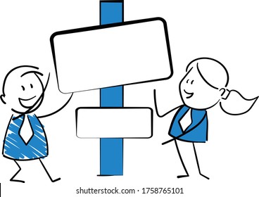 Businessman and collegau present with guidepost signage or signpost.
Girl and boy hand drawn doodle line art cartoon design character - isolated vector illustration outline of man and woman.
