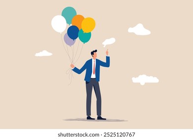 A businessman with colorful balloons, reaching a blank speech bubble. Represents aspiration, potential, and communication. It's for business presentations, motivational posters, and personal branding.