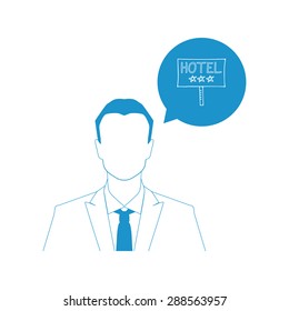 Businessman and colorful hotel sign, vacation icon