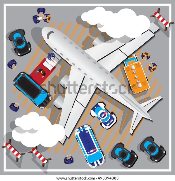 Businessman coming out of a private jet at\
terminal. View from above. Vector\
illustration.