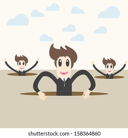 Businessman coming out through a crack. Success concept