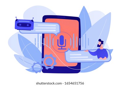 Businessman communicates with chatbot with voice commands. Voice controlled chatbot, talking virtual assistant, smartphone voice application concept. Pinkish coral bluevector isolated illustration