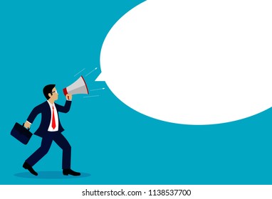 El hombre de negocios se comunica a través de un megáfono. gritando a través de un altavoz. Liderazgo. Concepto de financiación empresarial. vector ilustrativo