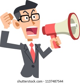 A businessman communicating opinions with a loudspeaker  _ red tie