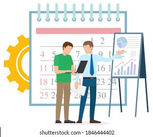 Businessman communication with laptop, men workers discussing company profit, graph report. Work in deadline, consulting technology, finance vector