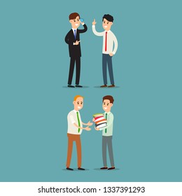 Businessman communication. Businessman transfers paper archive to an employee. Businessman talking on the phone. Two businessman working in office. Flat illustration isolated on background. 
