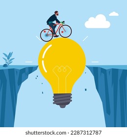 Businessman Commuter with bicycle crossing an abyss over a lightbulbs. Business concepts. Modern vector illustration in flat style