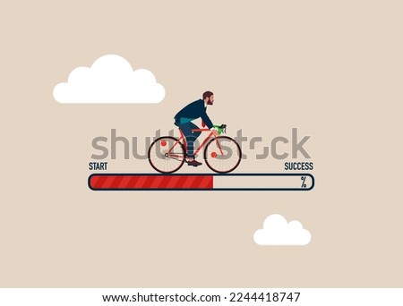 Businessman Commuter with Bicycle Traveling to from the start to success.  Challenge your progress and win the race. Flat vector illustration.