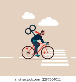 Businessman Commuter with Bicycle Traveling with wind-up key.  Modern vector illustration in flat style. 