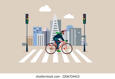 Businessman Commuter with Bicycle Traveling to Work in City.  Crossing Road by Crosswalk with Zebra Markup. Flat vector illustration.