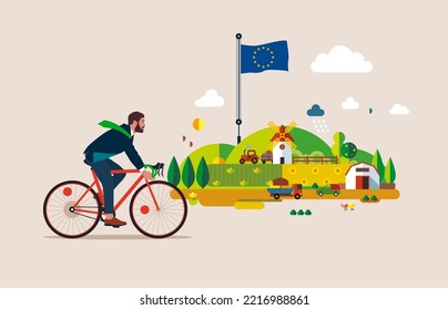 Businessman Commuter with Bicycle Traveling to Work. Flat vector illustration.