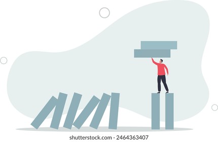 businessman company leader remove domino to stop domino effect collapse.flat vector illustration.