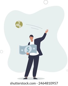 businessman company owner happy holding precious money coin while throw away planet earth.flat vector illustration.