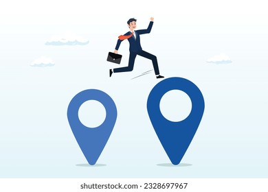 Businessman company owner jumping from map navigation pin to new one metaphor of relocation, business relocation, move office to new address or transfer to new location concept (Vector)