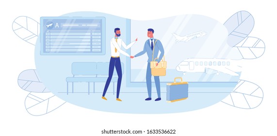 Businessman or Company Representor Meeting Partner for Negotiation in Airport. International Partnership, Cooperation and Collaboration with Business People Characters. Flat Vector Illustration.