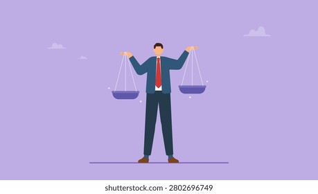 Businessman comparing scale to be equal fair measuring. Comparison advantage and disadvantage, integrity or honest truth, pros and cons or measurement, judge or ethical, decision or balance concept.