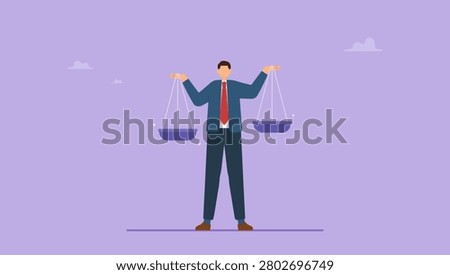 Businessman comparing scale to be equal fair measuring. Comparison advantage and disadvantage, integrity or honest truth, pros and cons or measurement, judge or ethical, decision or balance concept.