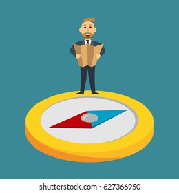Businessman with compass and map. Business navigation illustration. Business concept. Business strategy concept. Data analysis.