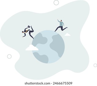 businessman compete by running away and catch each other on the world, planet earth.flat vector illustration.