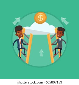 Businessman competing for the money. Competitive businessmen climbing the ladder on a cloud. Concept of competition in business. Vector flat design illustration in the circle isolated on background.