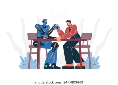 Businessman competing with robot in arm wrestling vector flat illustration. Cartoon artificial intelligence vs human competition, confrontation with technology machine sitting at table