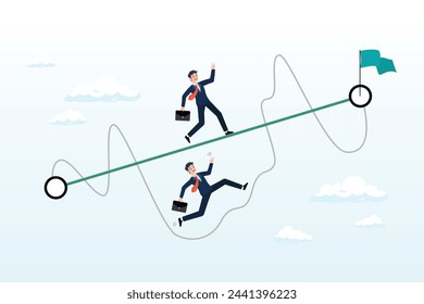 Businessman competing with smart guy running on straight easy way and other on hard messy path, easy or shortcut way to win business success or hard path and obstacle (Vector)