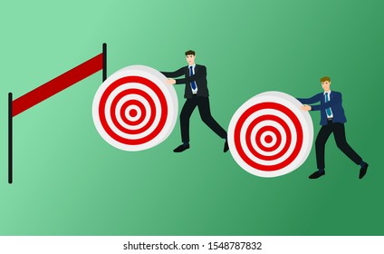 Businessman competition walking and push target to finish line , success concept