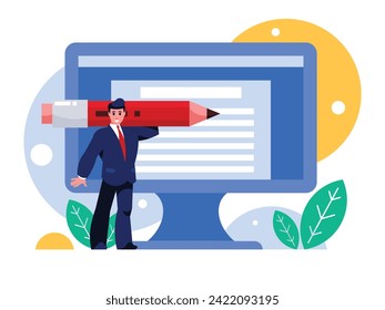 Businessman compiling a report on a computer using a text editor. Man stands with a huge pencil. Business reporting. Accounting. Background with a display on the screen with a text editor open. Vector