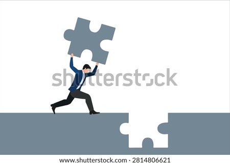 Businessman complete last missing jigsaw puzzle piece, complete jigsaw puzzle to solve business problem, solution or connection for business achievement, challenge and accomplishment (Vector)