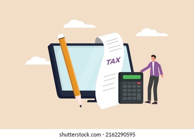 Businessman completed tax filing form and calculating tax with calculator. Wealth management concept. Colored flat graphic vector illustration isolated.